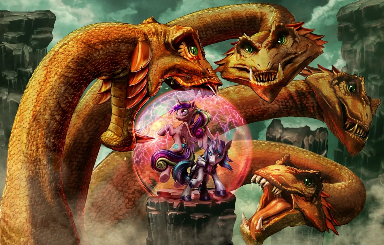 Photo wallpaper rocks, figure, monster, battle, fantasy, art, unicorn, rock