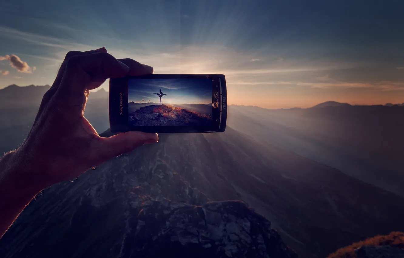 Photo wallpaper rays, light, mountains, nature, dawn, people, technique, hands