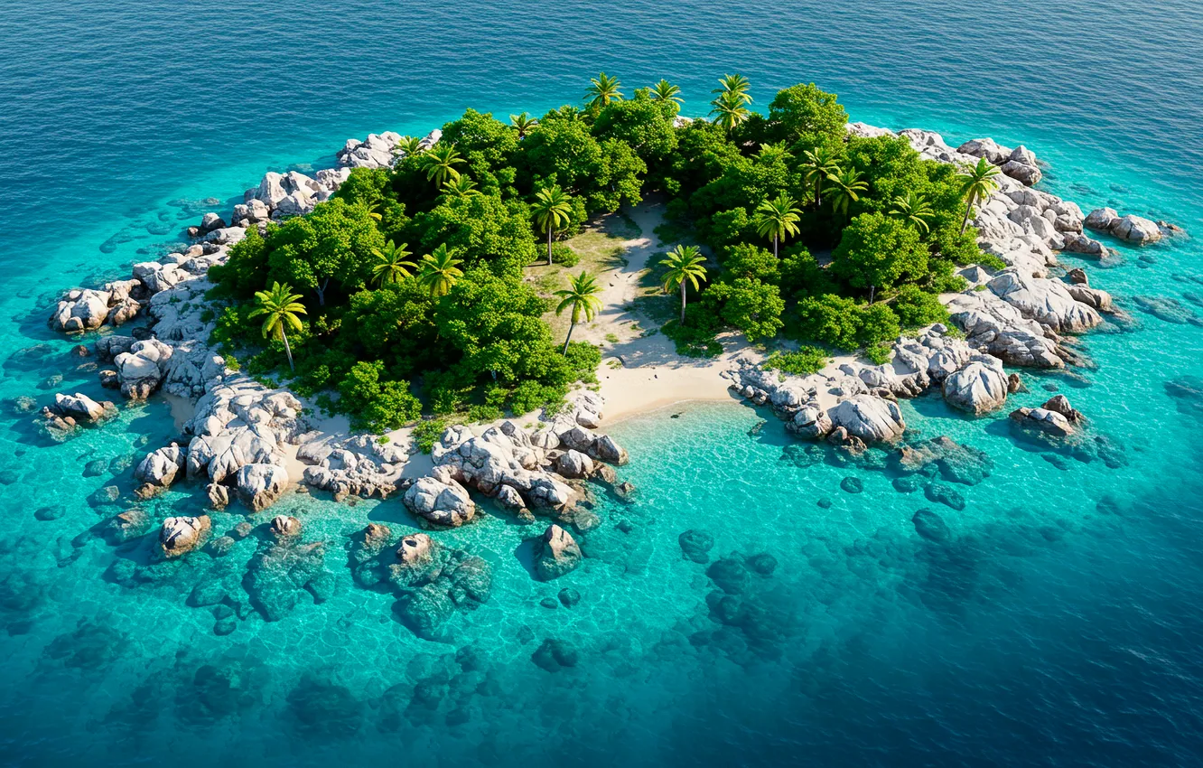 Photo wallpaper trees, the ocean, Wallpaper, island, art, wallpaper, trees, ocean