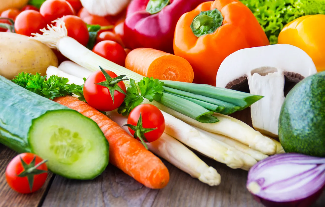 Photo wallpaper mushrooms, bow, pepper, vegetables, tomatoes, carrots, cucumbers