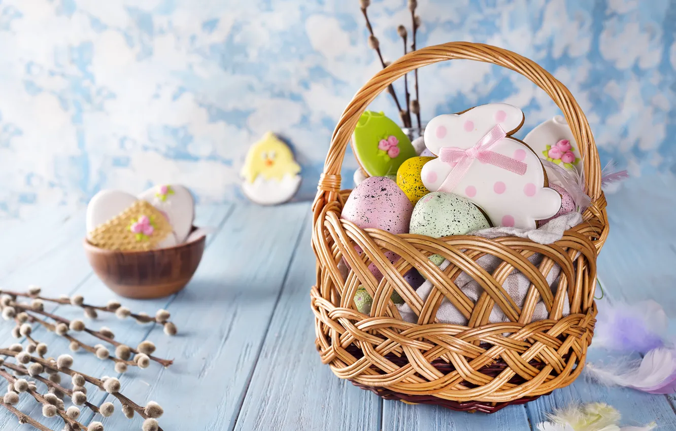 Photo wallpaper flowers, eggs, Easter, happy, flowers, eggs, easter, cookies