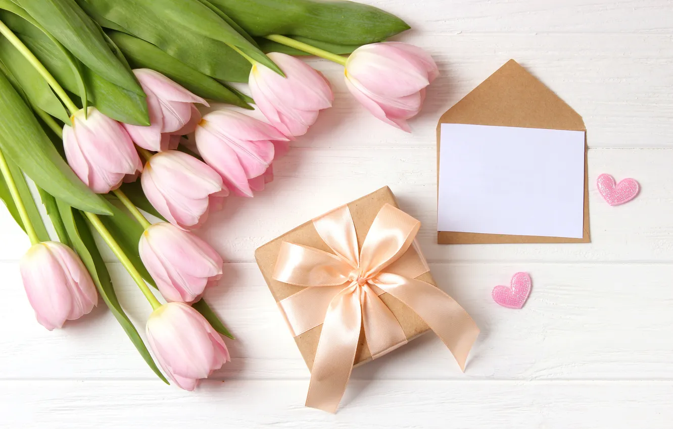 Photo wallpaper flowers, gift, bouquet, tulips, pink, wood, pink, flowers