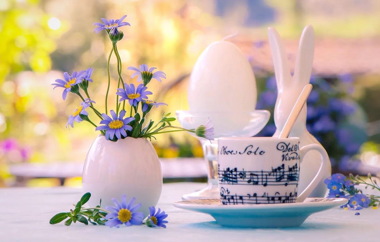 Photo wallpaper flowers, mug, vase, the Easter Bunny