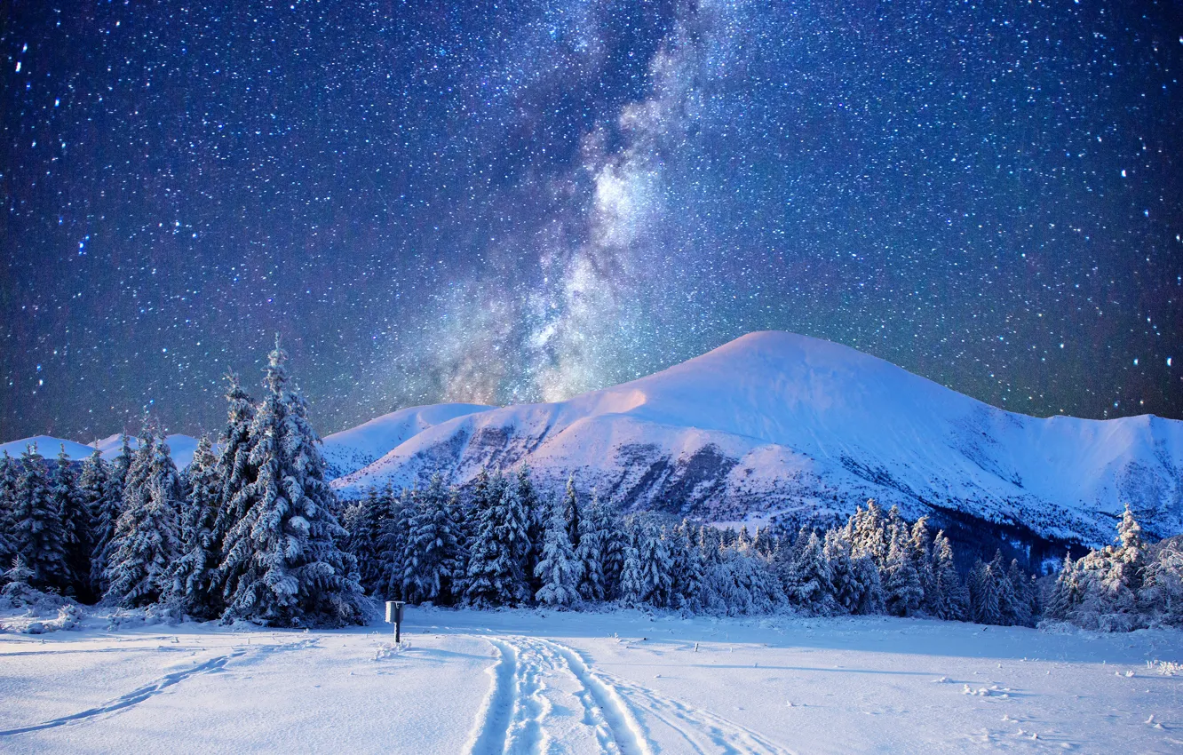 Photo wallpaper Winter, Mountains, Snow, Winter, Snow, Mountains, Starry sky, Starry sky