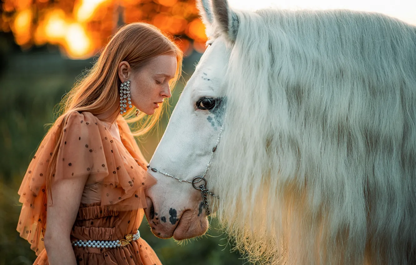 Photo wallpaper girl, decoration, animal, horse, earrings, dress, red, Alexandra Savenkova
