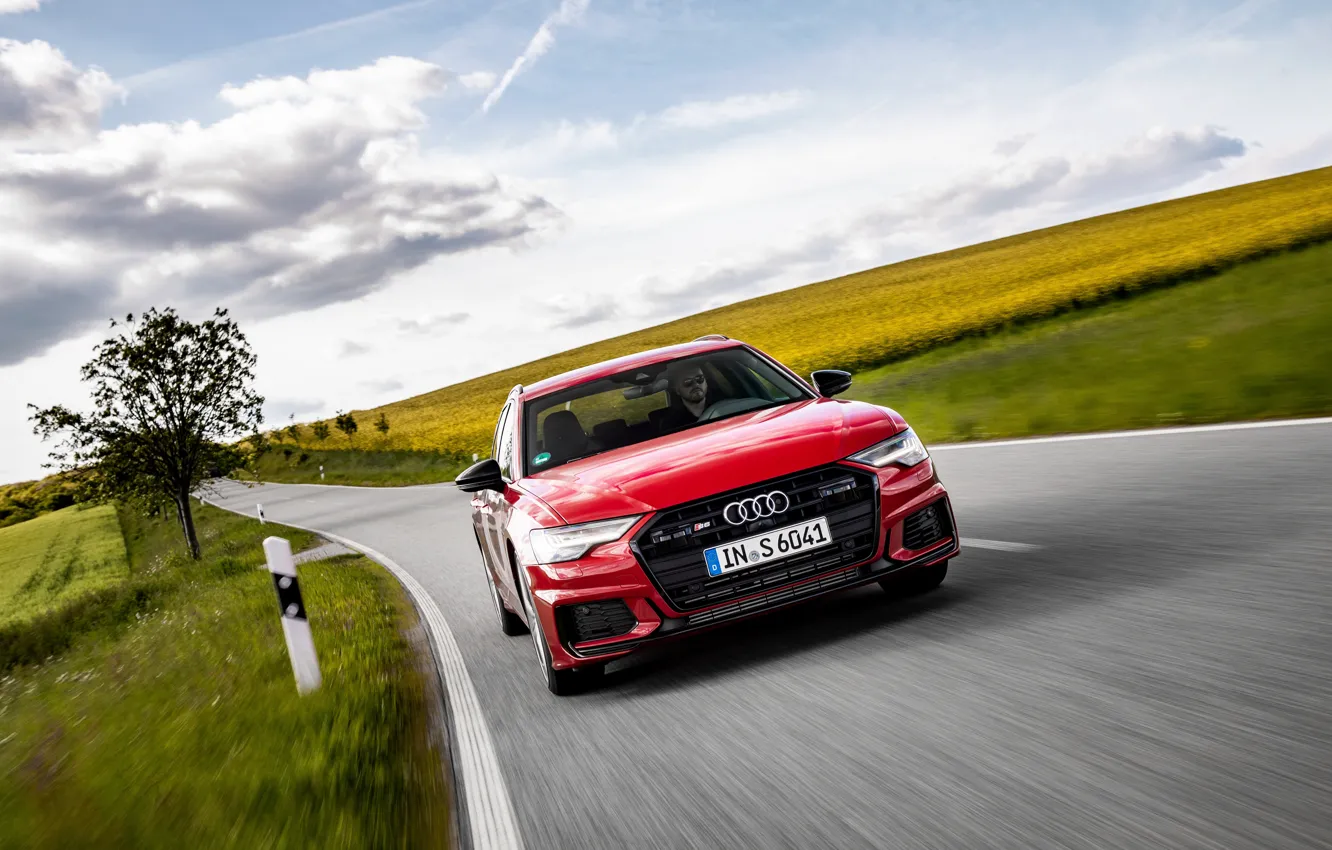 Photo wallpaper road, red, movement, Audi, field, universal, 2019, A6 Avant