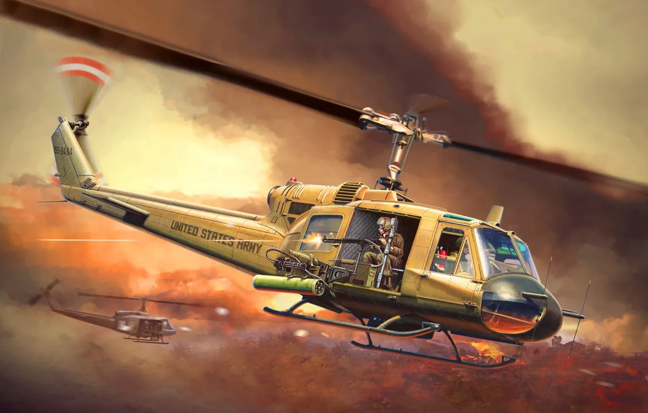 Photo wallpaper USA, Helicopter, Combat helicopter, UH-1 Huey, UH-1B