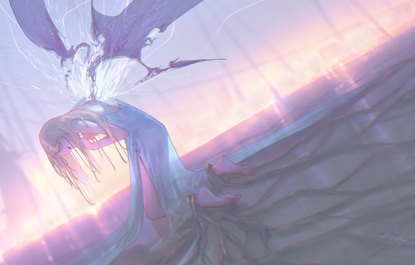 Photo wallpaper light, roots, wings, fantasy, girl, by Goroku
