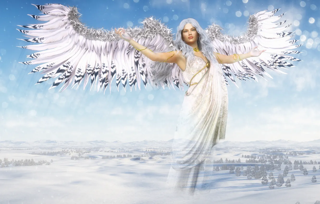 Photo wallpaper winter, girl, wings, angel