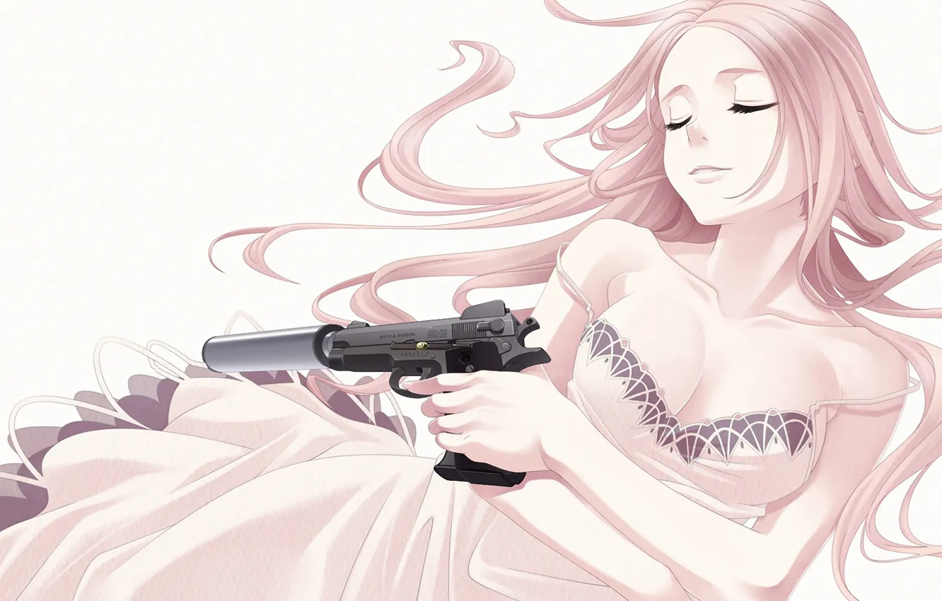 Photo wallpaper girl, neckline, corset, white dress, long hair, closed eyes, a pistol with a silencer