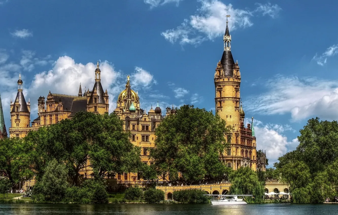 Photo wallpaper the sky, clouds, trees, landscape, lake, castle, HDR, Germany