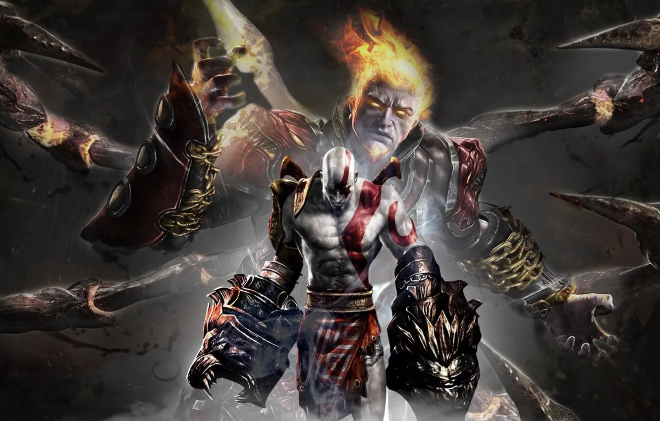 Photo wallpaper fire, flame, sword, armor, Kratos, God of War, lion, general