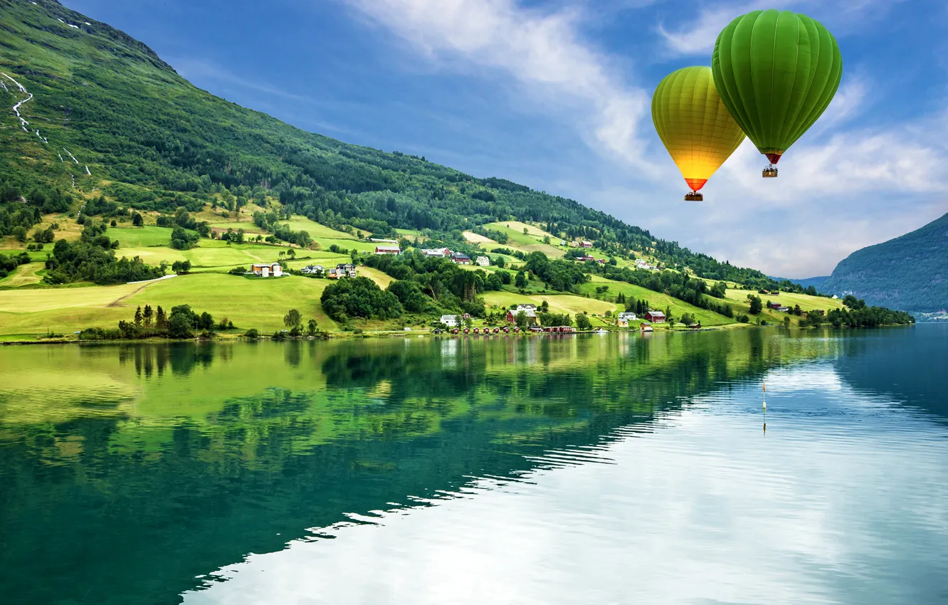 Photo wallpaper the sky, mountains, river, balloons