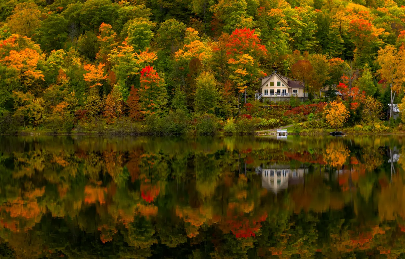 Photo wallpaper autumn, forest, house, reflection, river, Canada, Canada, Quebec