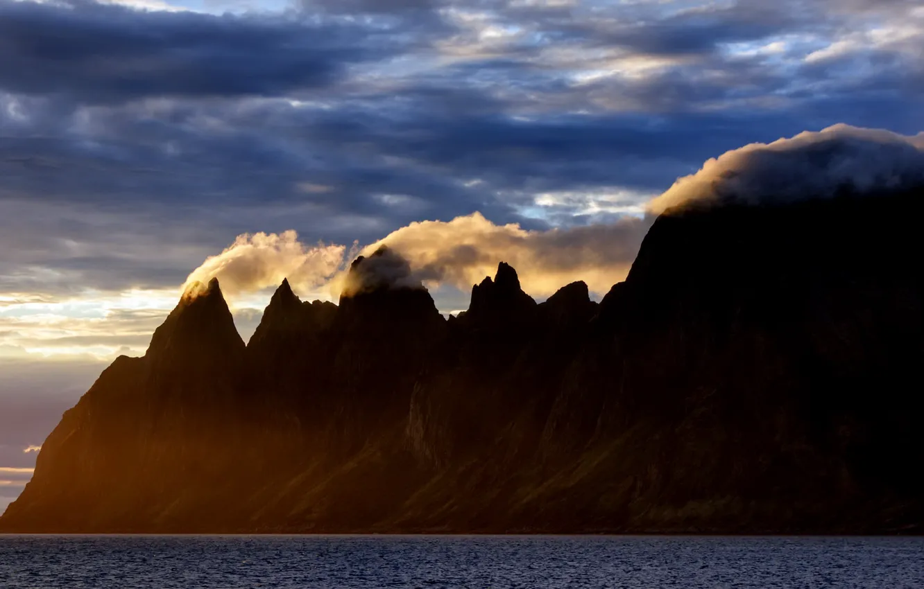 Photo wallpaper sea, the sky, mountains, Norway, Senja
