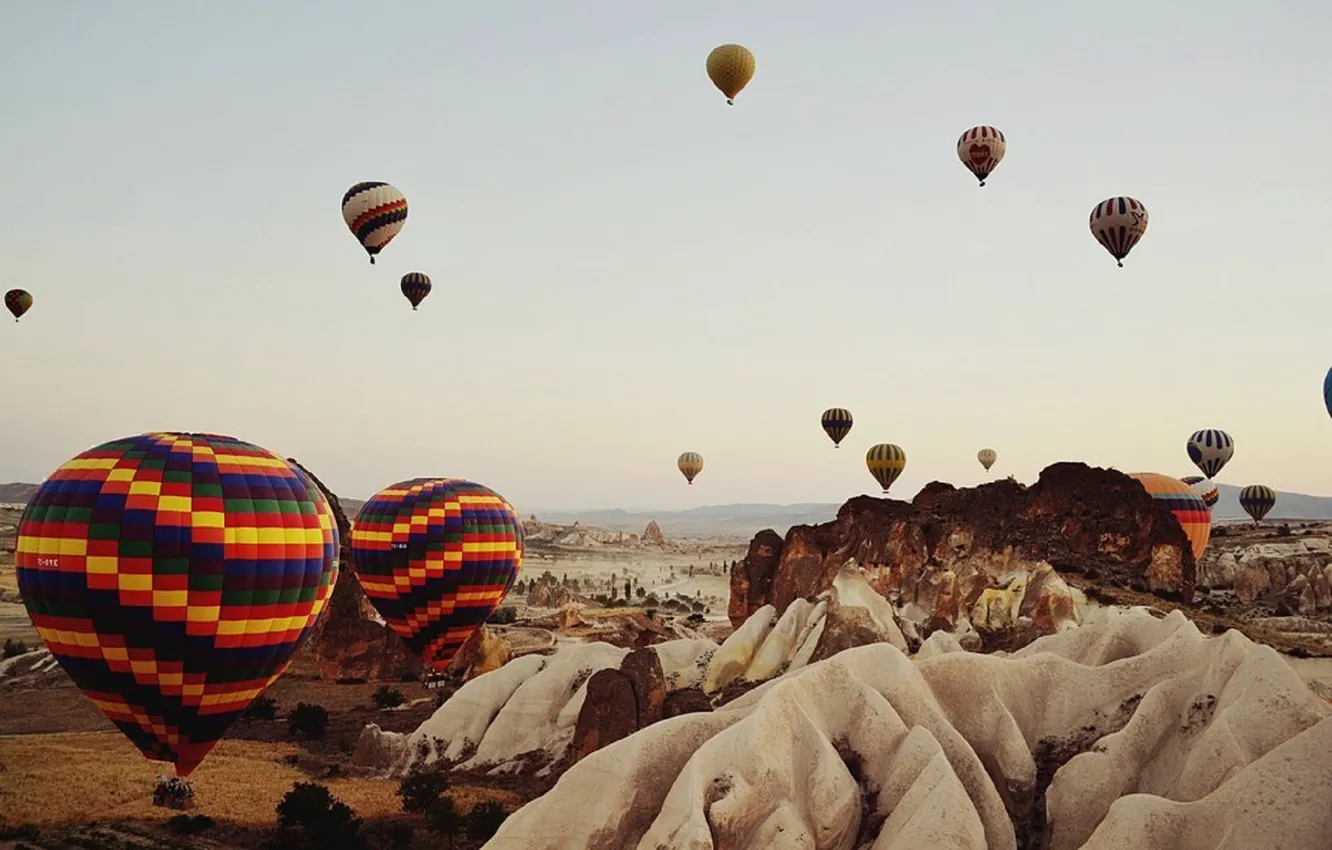 Photo wallpaper summer, the sky, flight, mountains, balloon, rocks, color