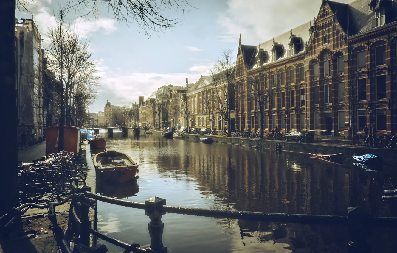 Photo wallpaper landscape, the city, river, boat