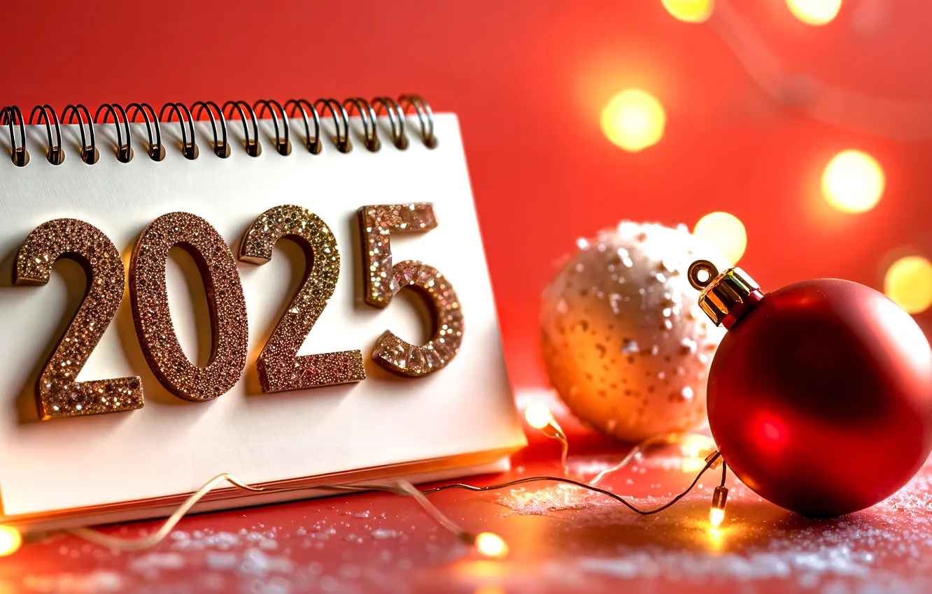 Photo wallpaper balls, snow, red, lights, paper, Shine, new year, sequins