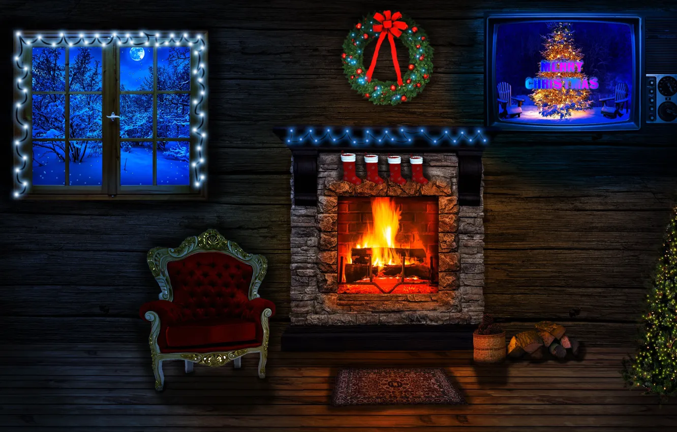 Photo wallpaper interior, chair, Christmas, fireplace
