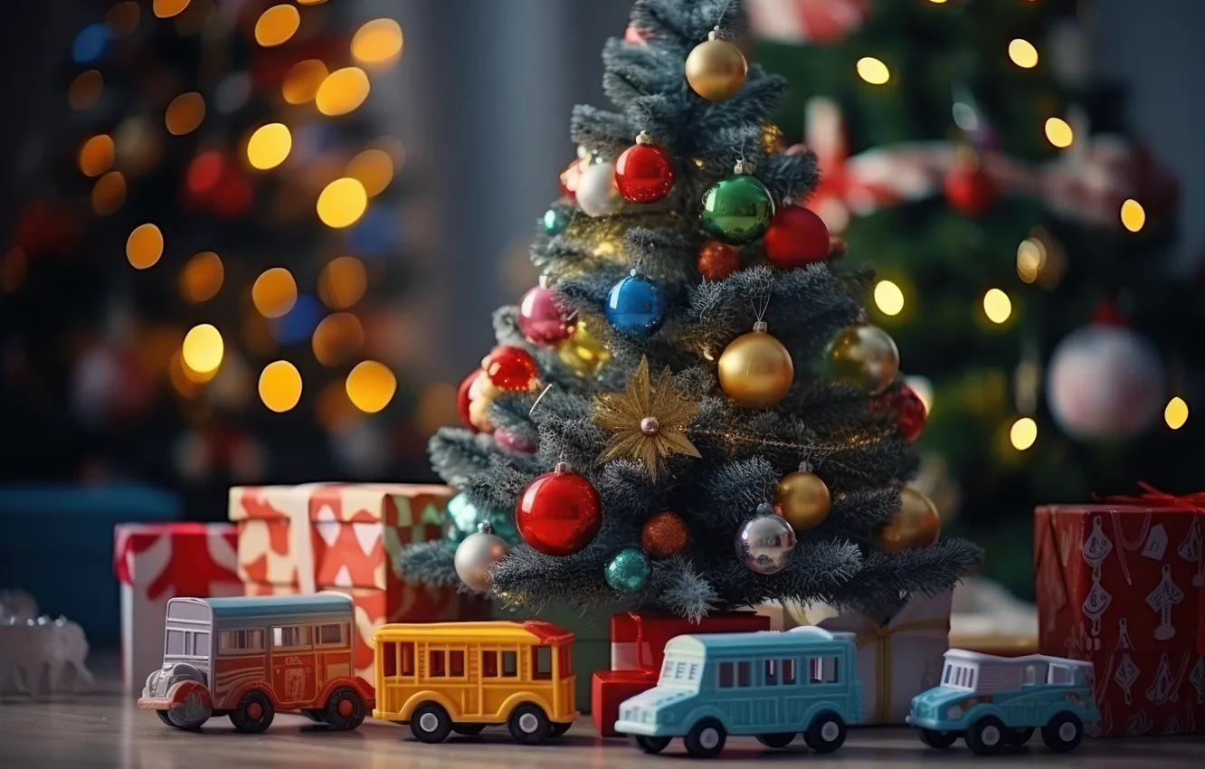 Photo wallpaper machine, toys, Christmas, New year, herringbone, cars, buses, Christmas tree