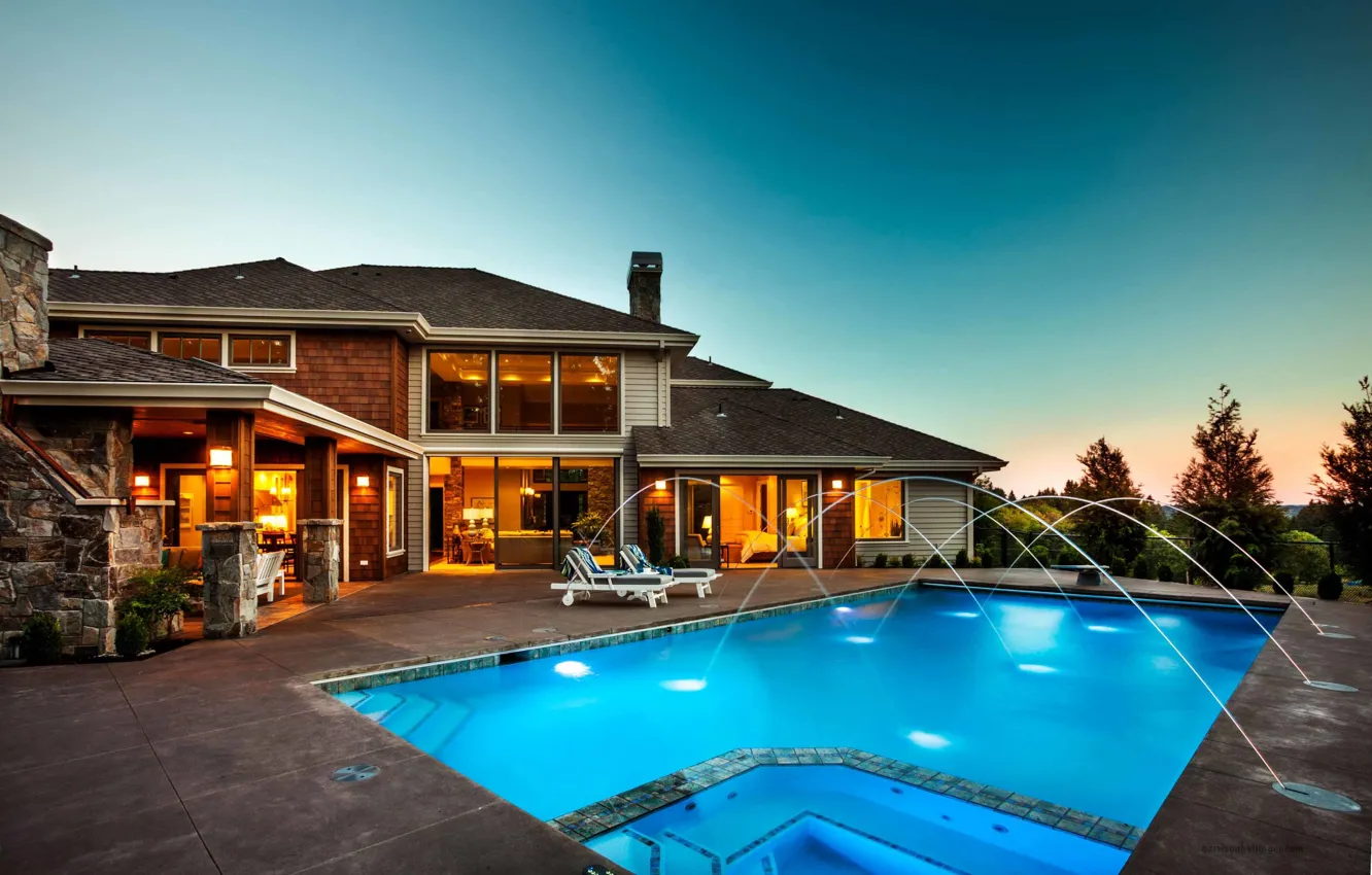 Photo wallpaper Villa, the evening, pool, lighting, architecture, terrace, modern ranch