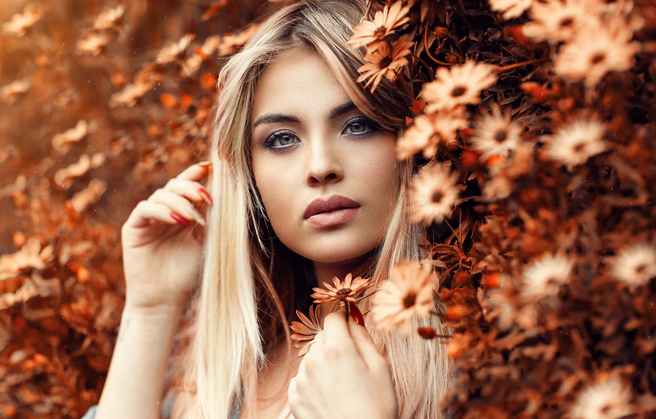 Photo wallpaper girl, flowers, face, makeup, blonde, Alessandro Di Cicco