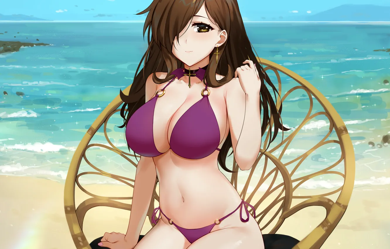 Photo wallpaper girl, sexy, cleavage, beach, long hair, sea, brown hair, brown eyes