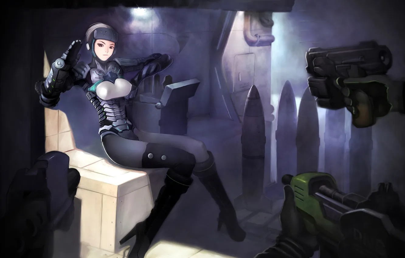 Photo wallpaper girl, weapons, hands, art, sight, shell, sitting