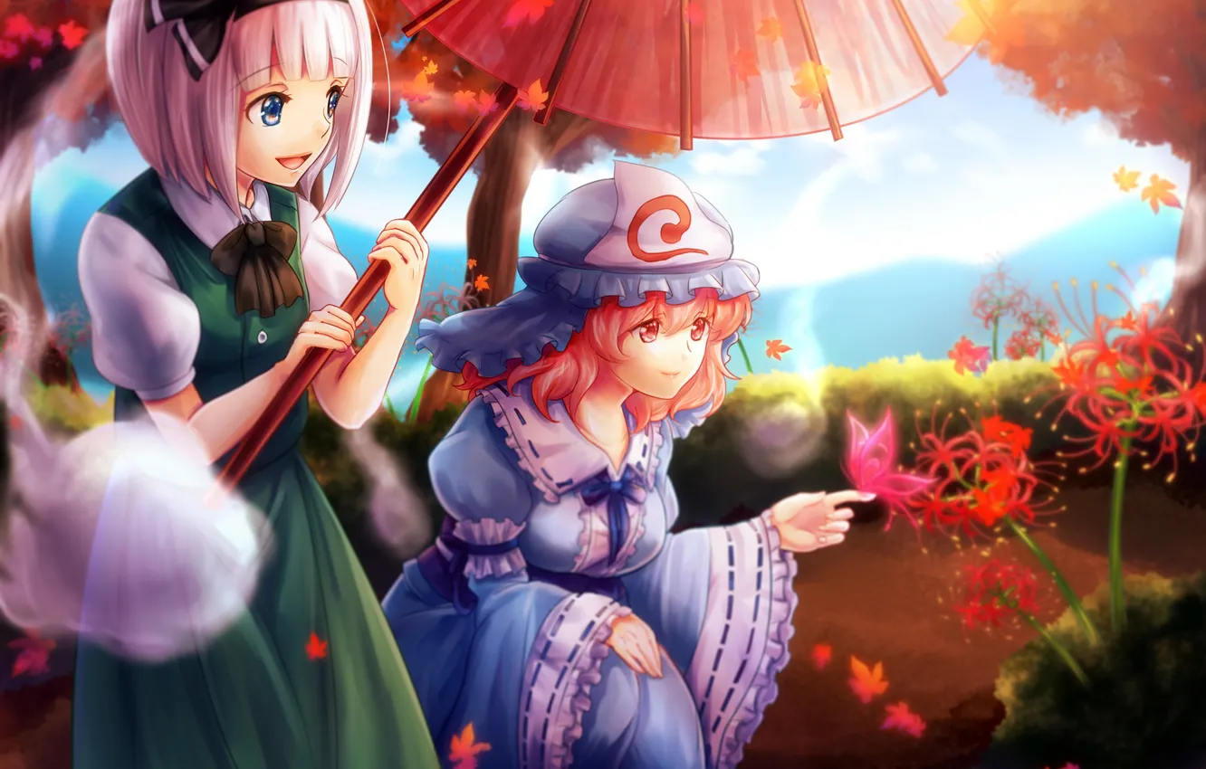 Photo wallpaper girl, trees, flowers, smile, magic, umbrella, touhou, art