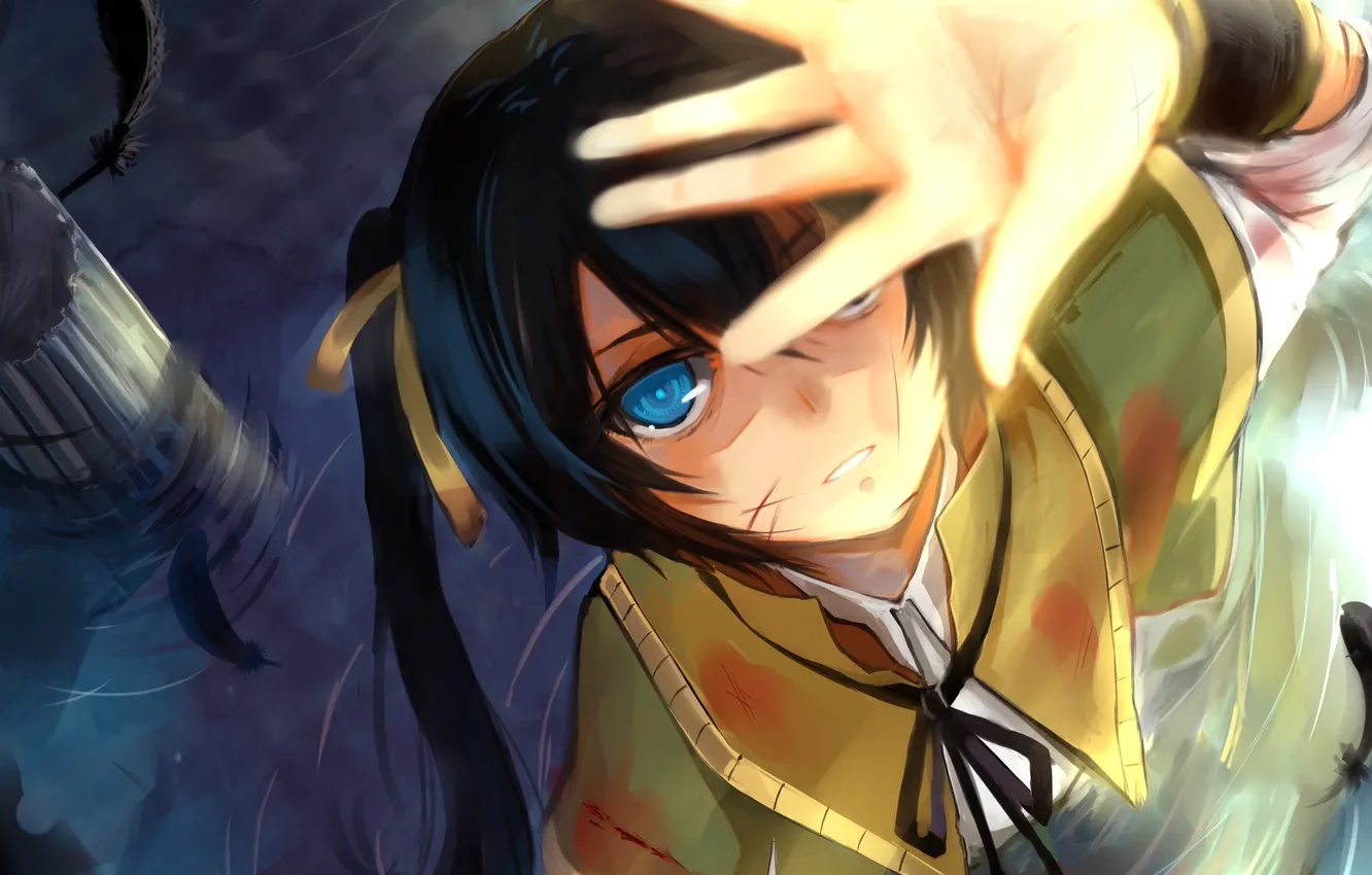 Photo wallpaper girl, blood, anime, feathers, art, cuts, columns, black rock shooter