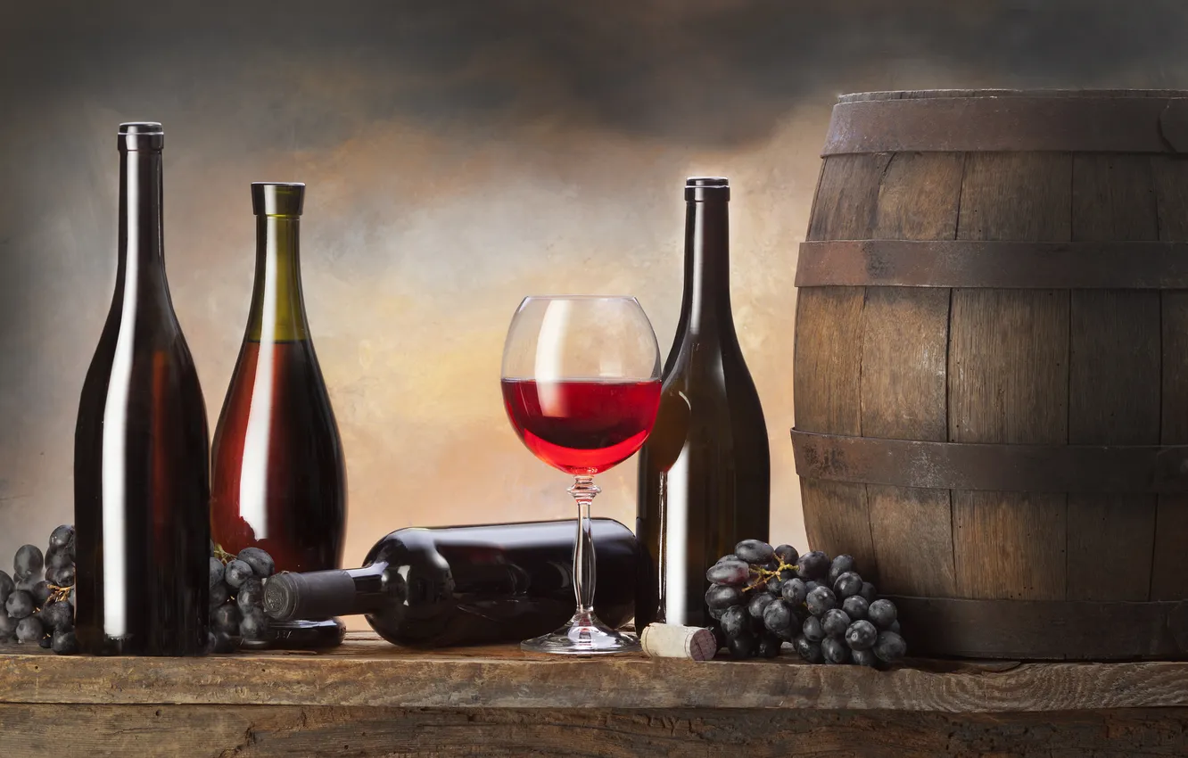 Photo wallpaper wine, bottle, grapes, barrel, wine, grapes, bottle, barrel