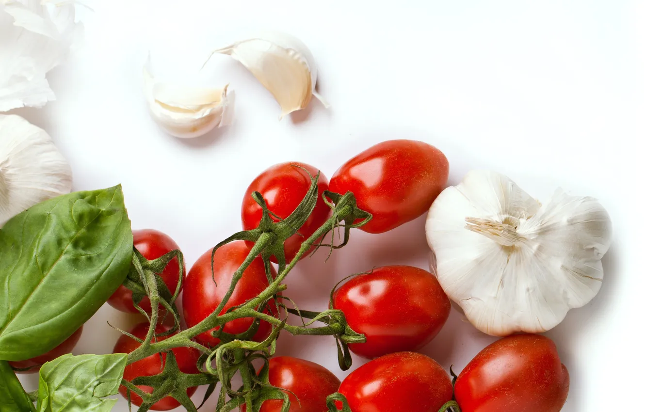 Photo wallpaper leaves, branches, tomatoes, slices, garlic