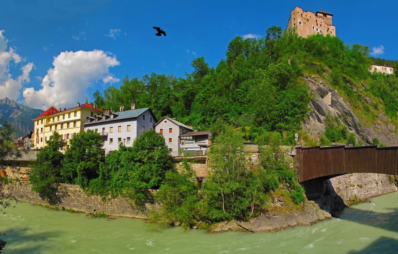 Photo wallpaper the city, river, mountain, home, Austria, architecture, houses, Austria