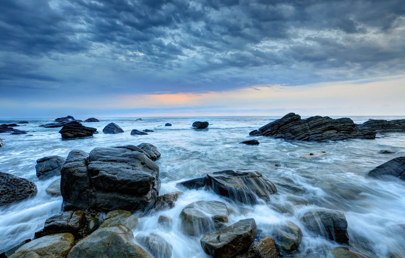 Photo wallpaper sea, wave, sunset, clouds, stones