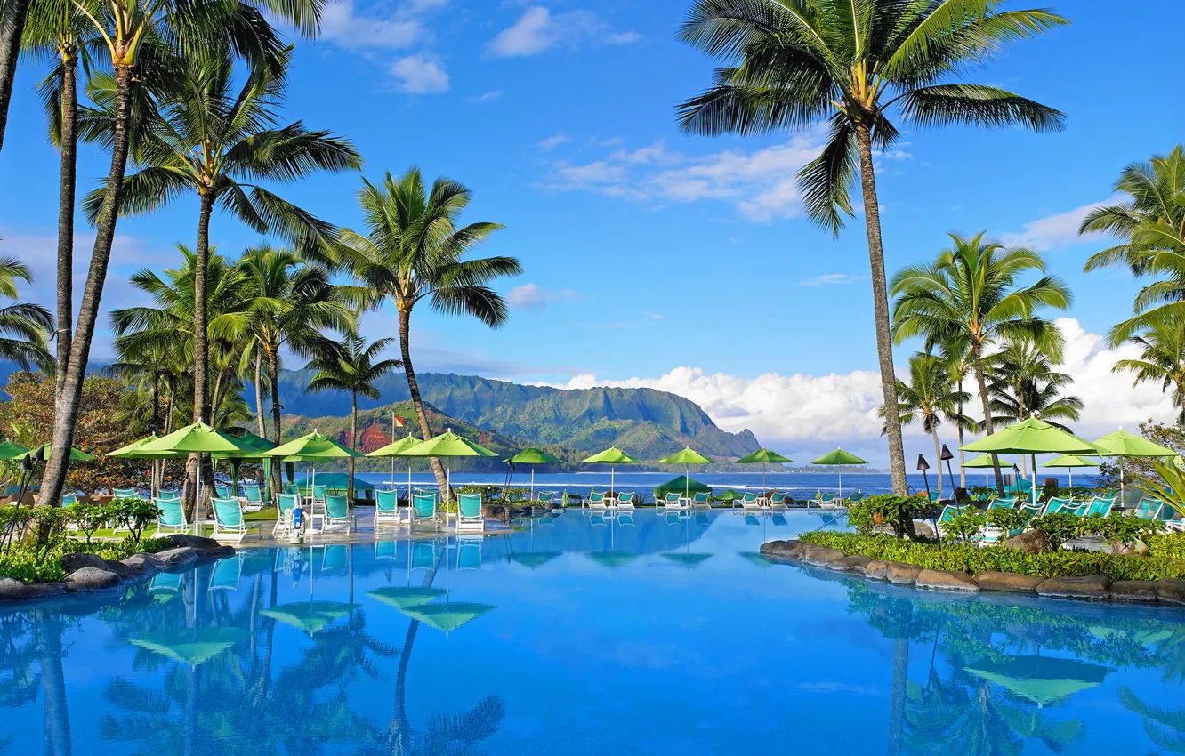 Photo wallpaper mountains, palm trees, pool, Hawaii, the hotel