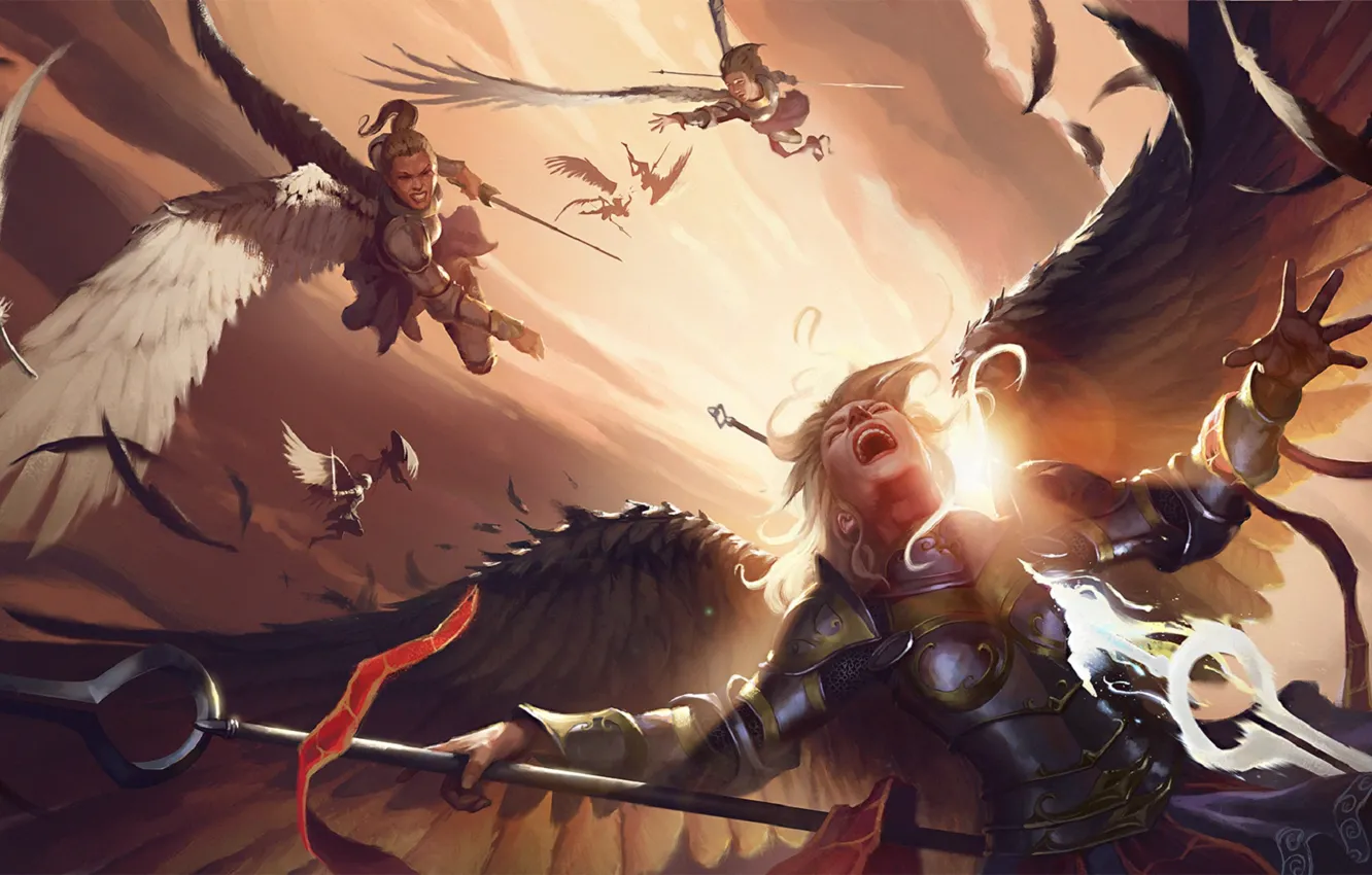 Photo wallpaper armor, spear, the battle, Valkyrie, Mortal Kombat, in the sky, throw, white wings