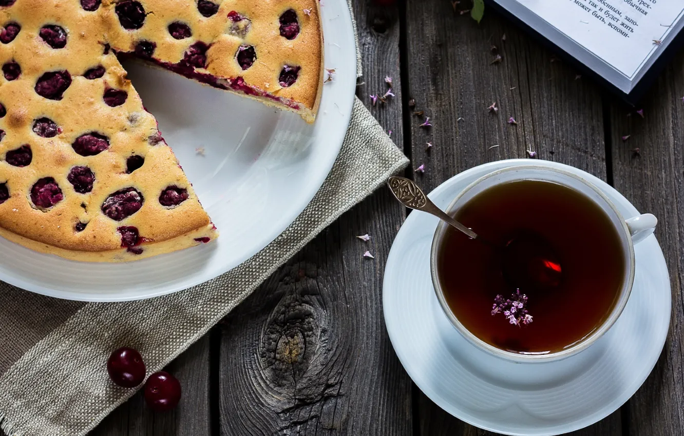 Photo wallpaper cherry, tea, pie, book, cakes