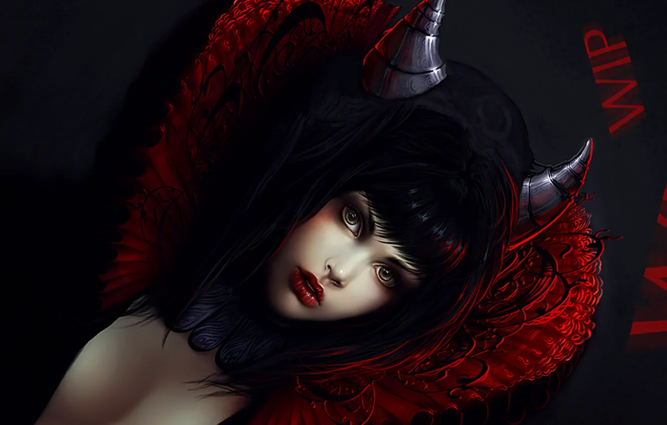 Photo wallpaper girl, red, text, black, horns, The demon