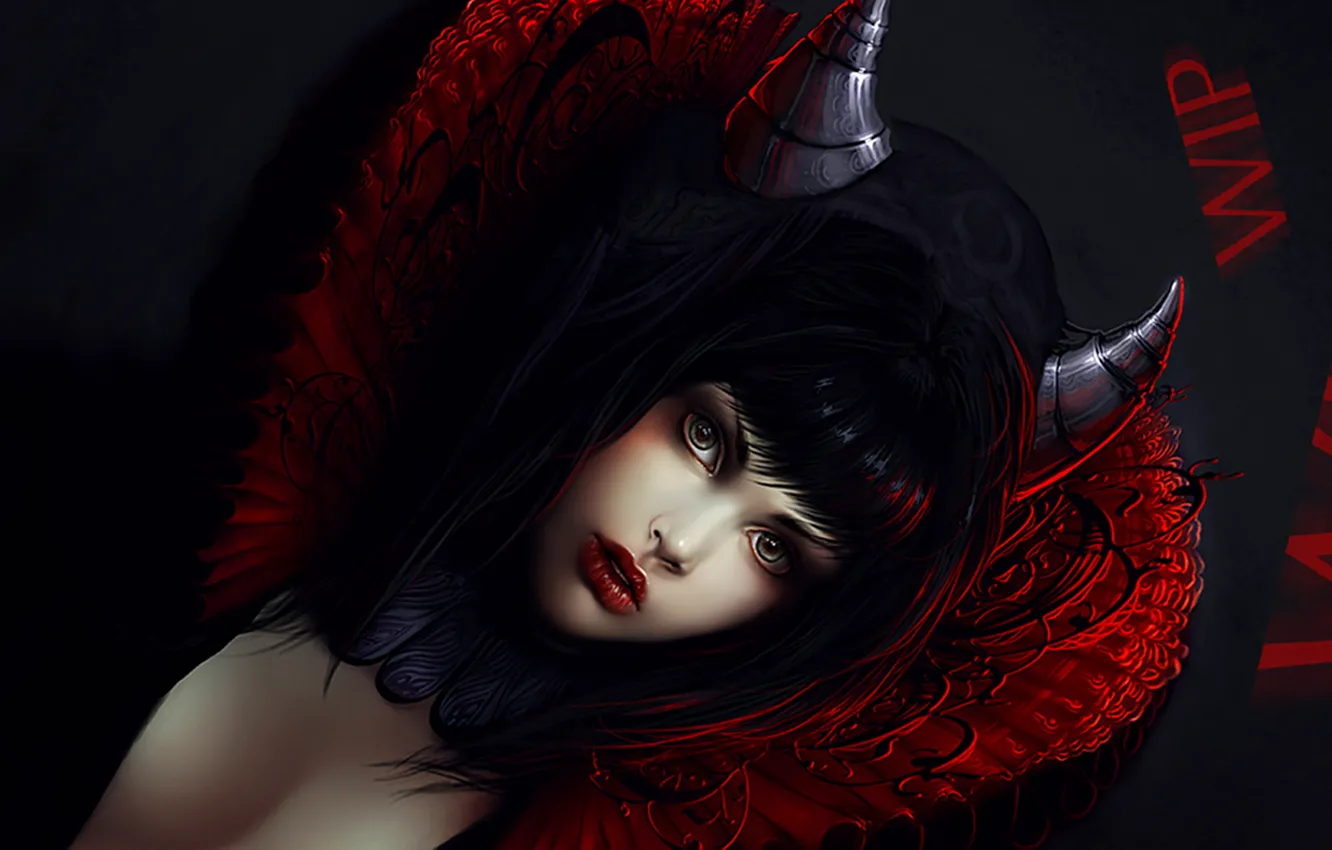 Photo wallpaper girl, red, text, black, the demon, horns