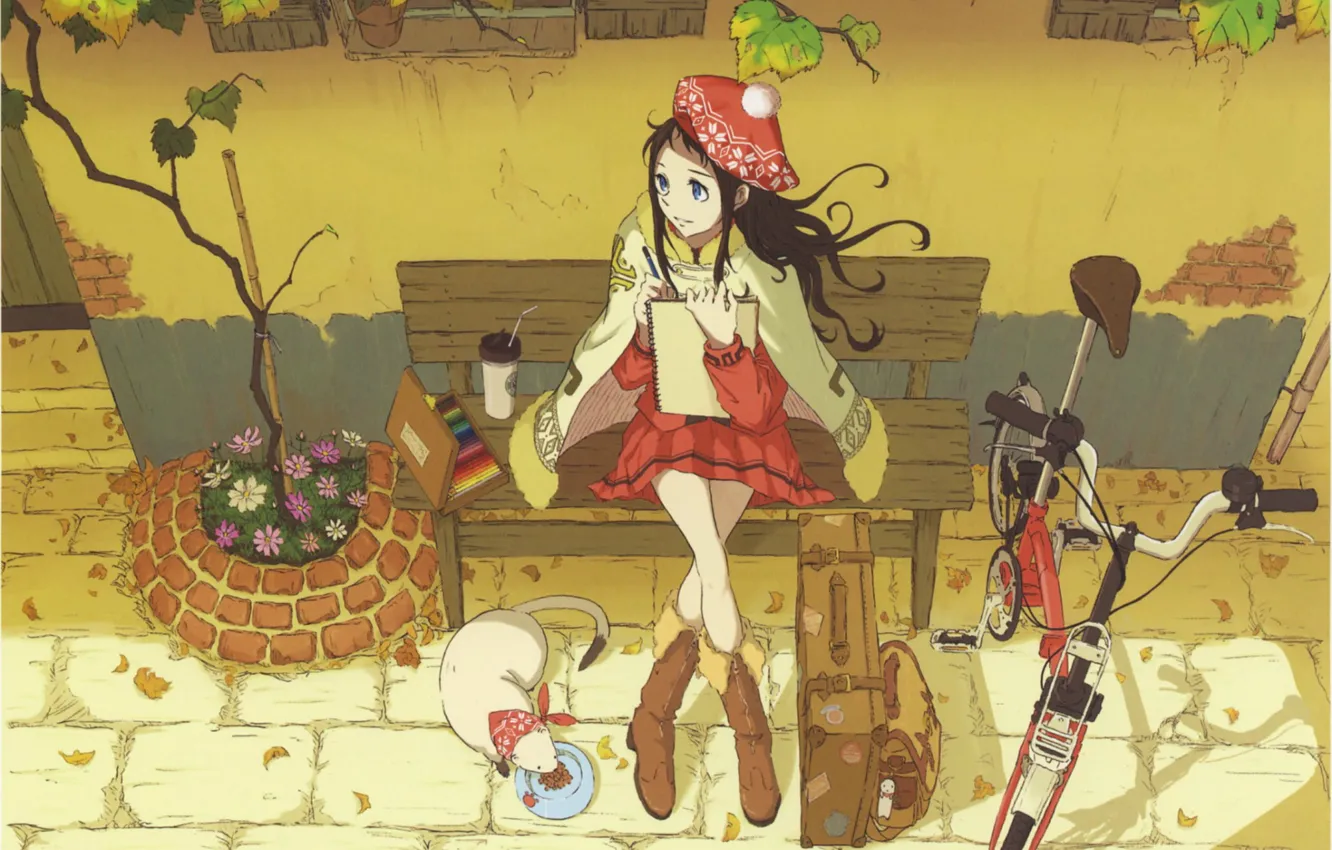 Photo wallpaper cat, flowers, bench, bike, pencils, girl, album, pot