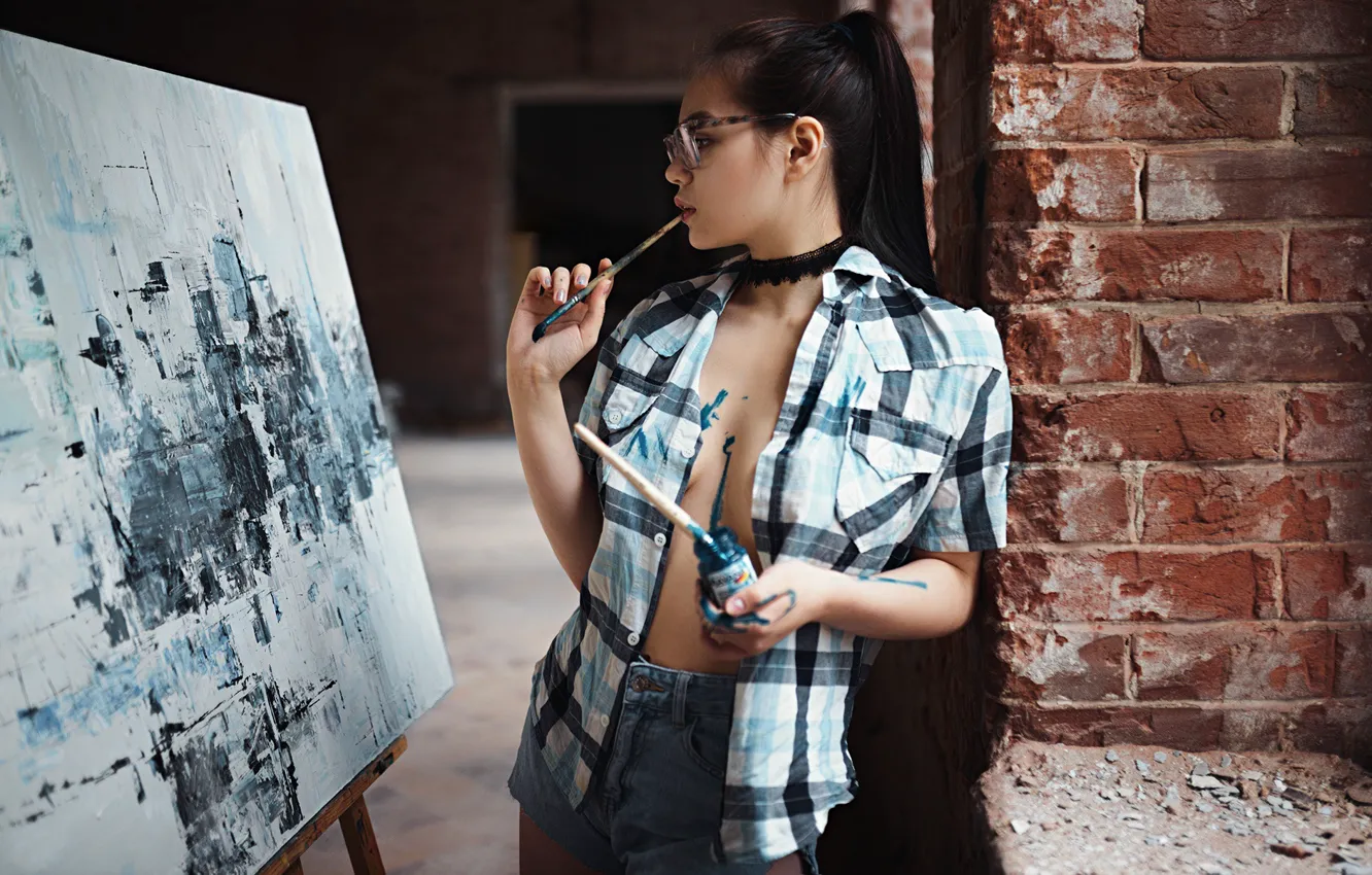 Photo wallpaper paint, shorts, Girl, glasses, shirt, brush, canvas, draws
