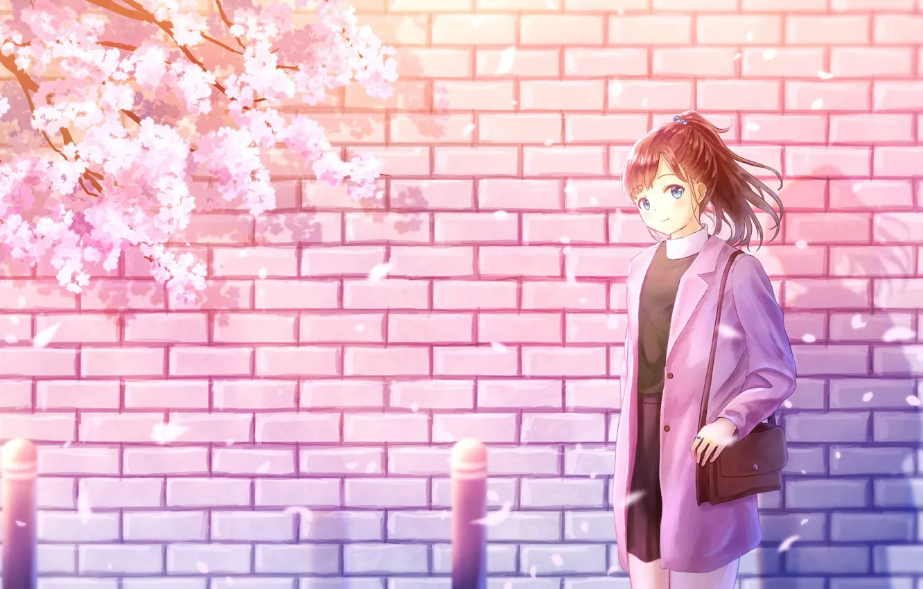 Photo wallpaper girl, wall, spring, Sakura, brick wall
