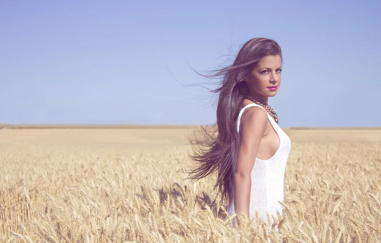 Photo wallpaper girl, dress, lips, hair, wind, wheat, wheat field, sunny