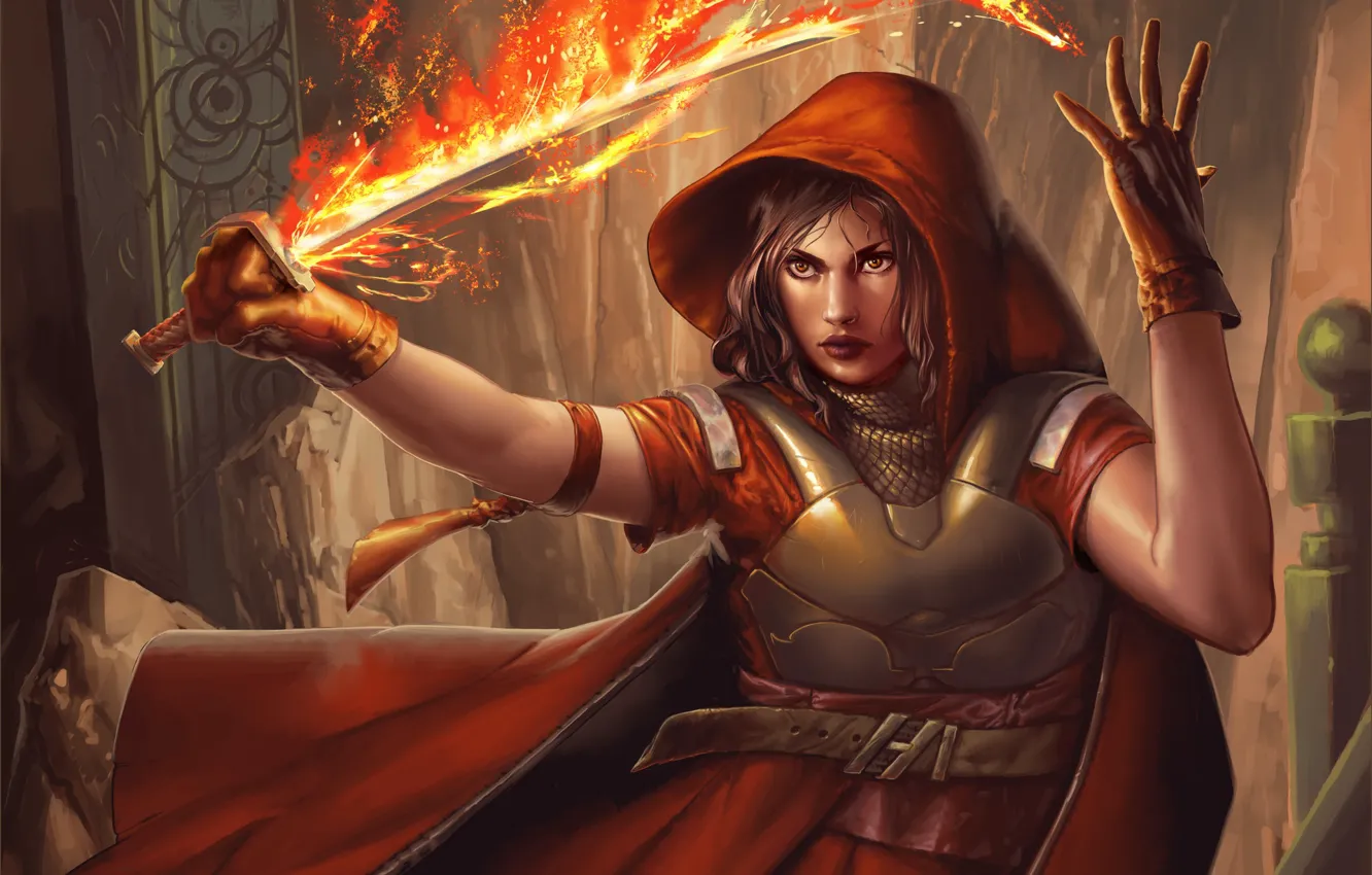 Photo wallpaper look, girl, weapons, fire, magic, fantasy, art, hood