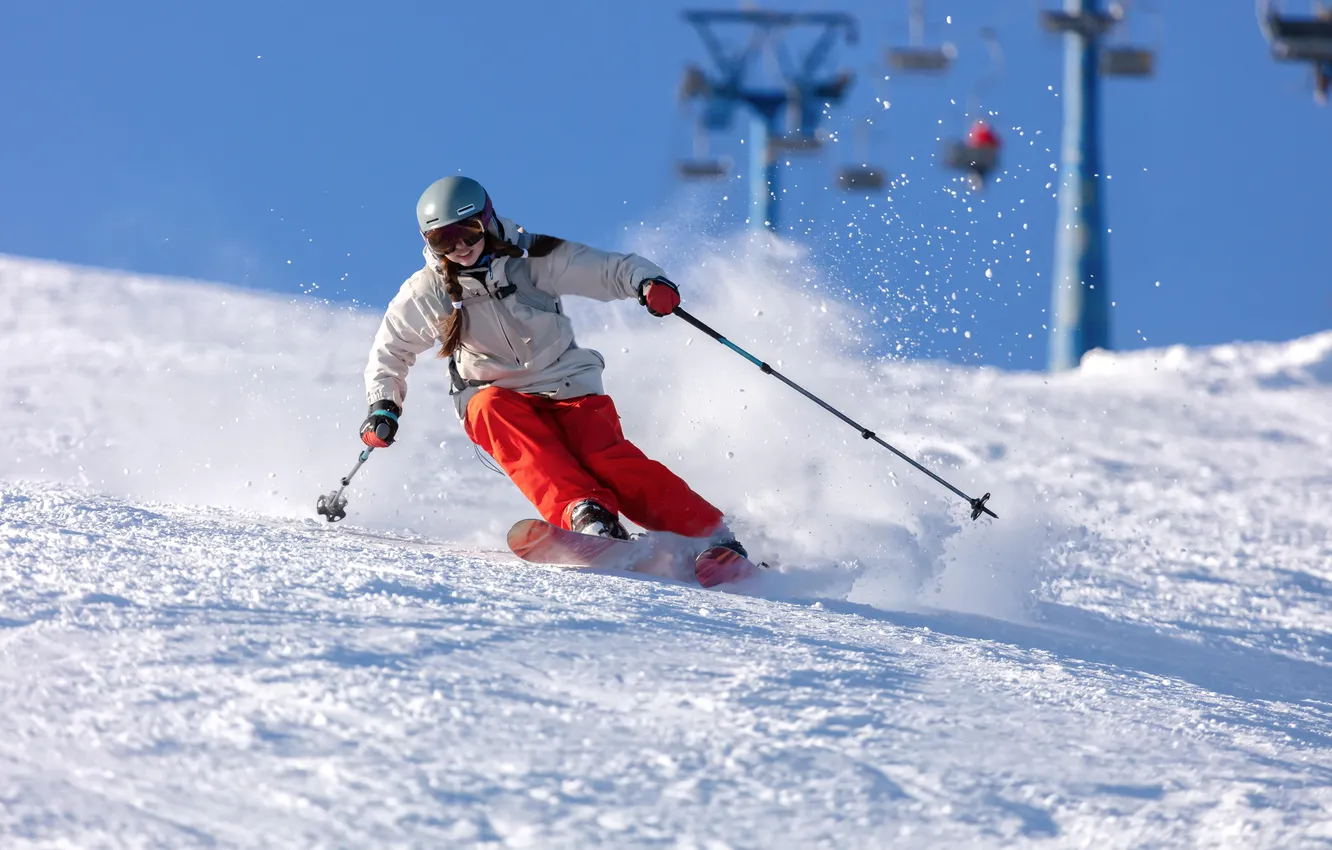 Photo wallpaper girl, lifestyle, mountain, fun, happiness, joy, heli skiing, heliboarding