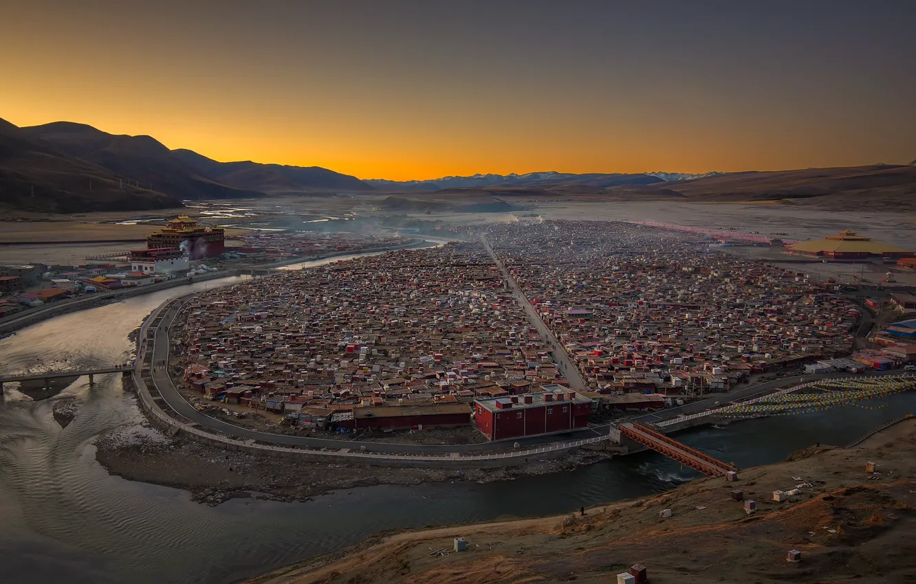 Photo wallpaper the city, river, home, Tibet