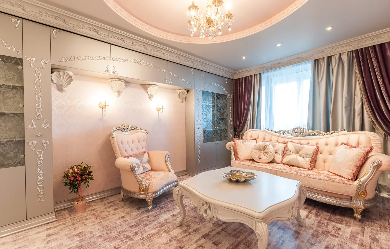 Photo wallpaper design, sofa, interior, chair, window, the ceiling, chandelier, curtains