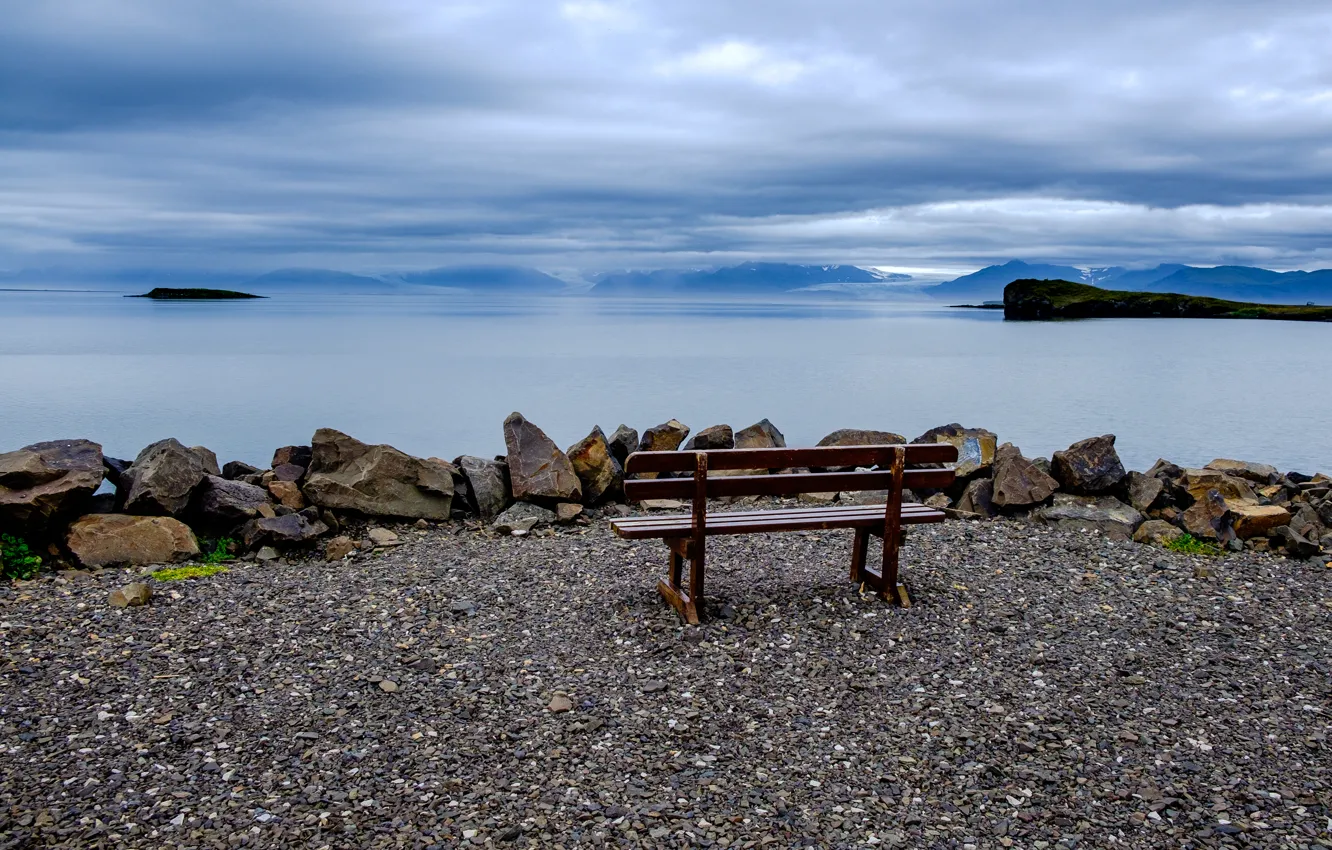 Photo wallpaper stones, shore, horizon, Iceland, bench