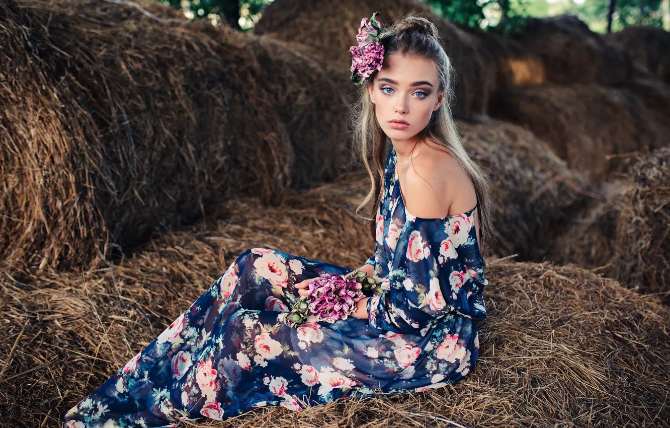Photo wallpaper look, girl, flowers, pose, mood, dress, hay, shoulders