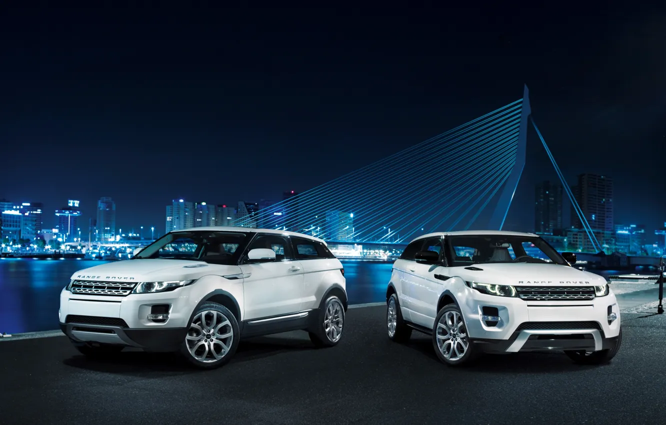 Photo wallpaper white, bridge, coupe, Land Rover, night city, range rover, coupe, the front